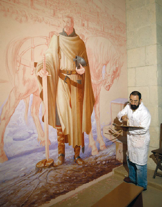 Cándido Pérez y realizando el cuadro El Cid